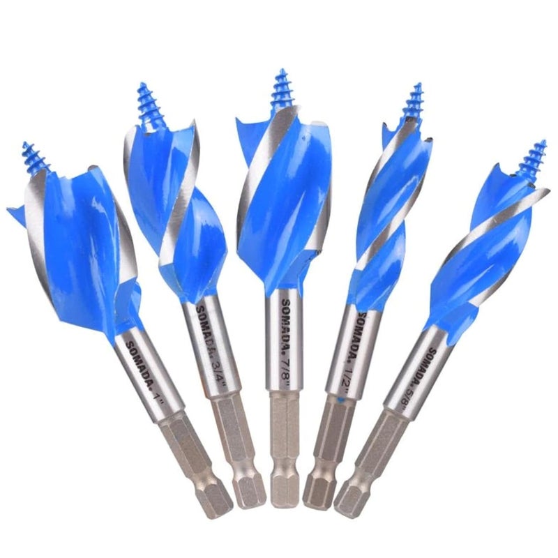 SOMADA Auger Drill Bit Set for Wood, 5-Piece, 1/2", 5/8", 3/4", 7/8" and 1" Inch Size, 4-Inch Long with Storage Case, Impact Wood Auger Set with Quick Change - Image 1